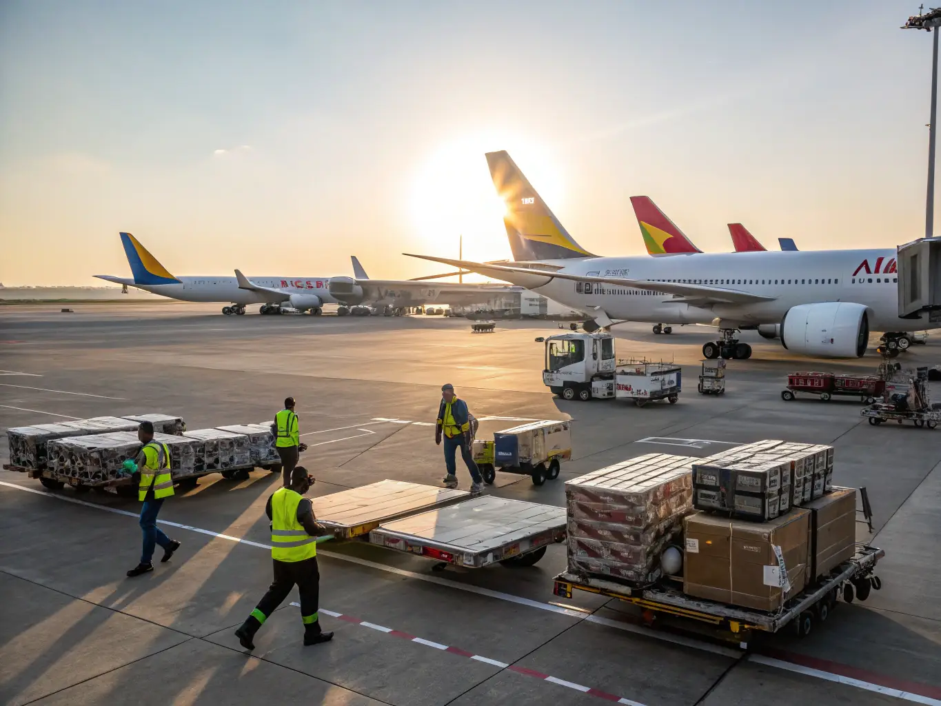 A detailed image of Andromeda Overseas's logistics team coordinating shipments at a busy international airport cargo terminal.
