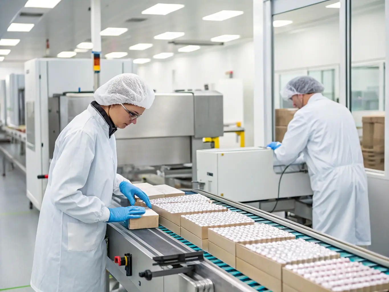 A professionally dressed Andromeda Overseas employee overseeing the packaging of pharmaceuticals in a clean, modern warehouse, ready for international export.
